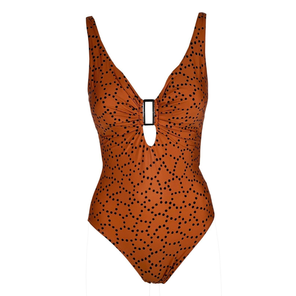 OLIVIA GOLD line one-piece swimsuit with cinnamon / black polka dots art GH / 798 MADE IN ITALY OLIVIA GOLD line one-piece swimsuit with cinnamon / black polka dots art GH / 798 MADE IN ITALY