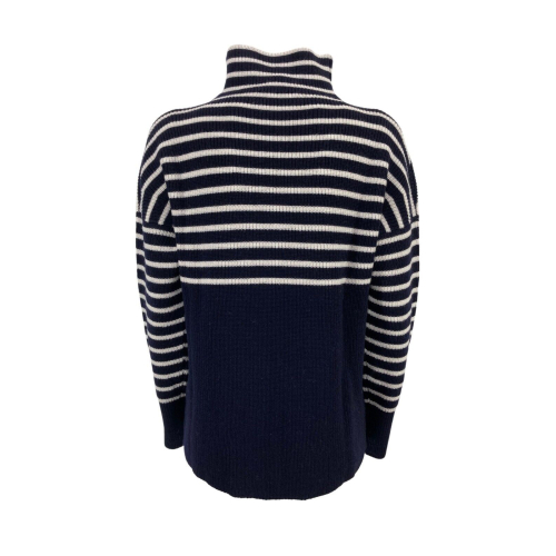 ANNA SERAVALLI woman blue sweater cream stripes art S1080 100% merino wool LANA GATTO MADE IN ITALY
