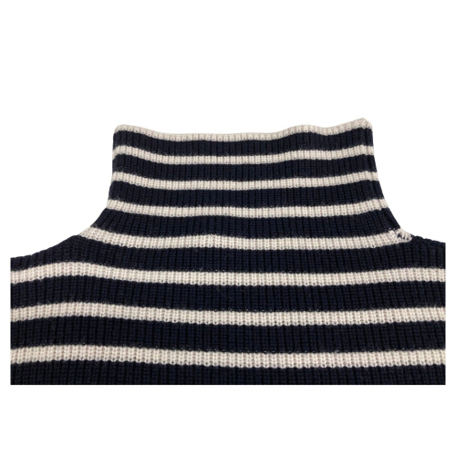 ANNA SERAVALLI woman blue sweater cream stripes art S1080 100% merino wool LANA GATTO MADE IN ITALY
