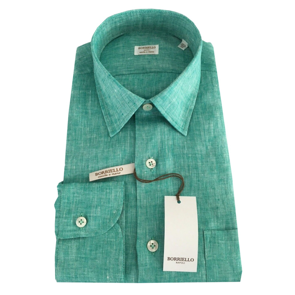 BORRIELLO NAPOLI camicia uomo verde 100% Lino MADE IN ITALY