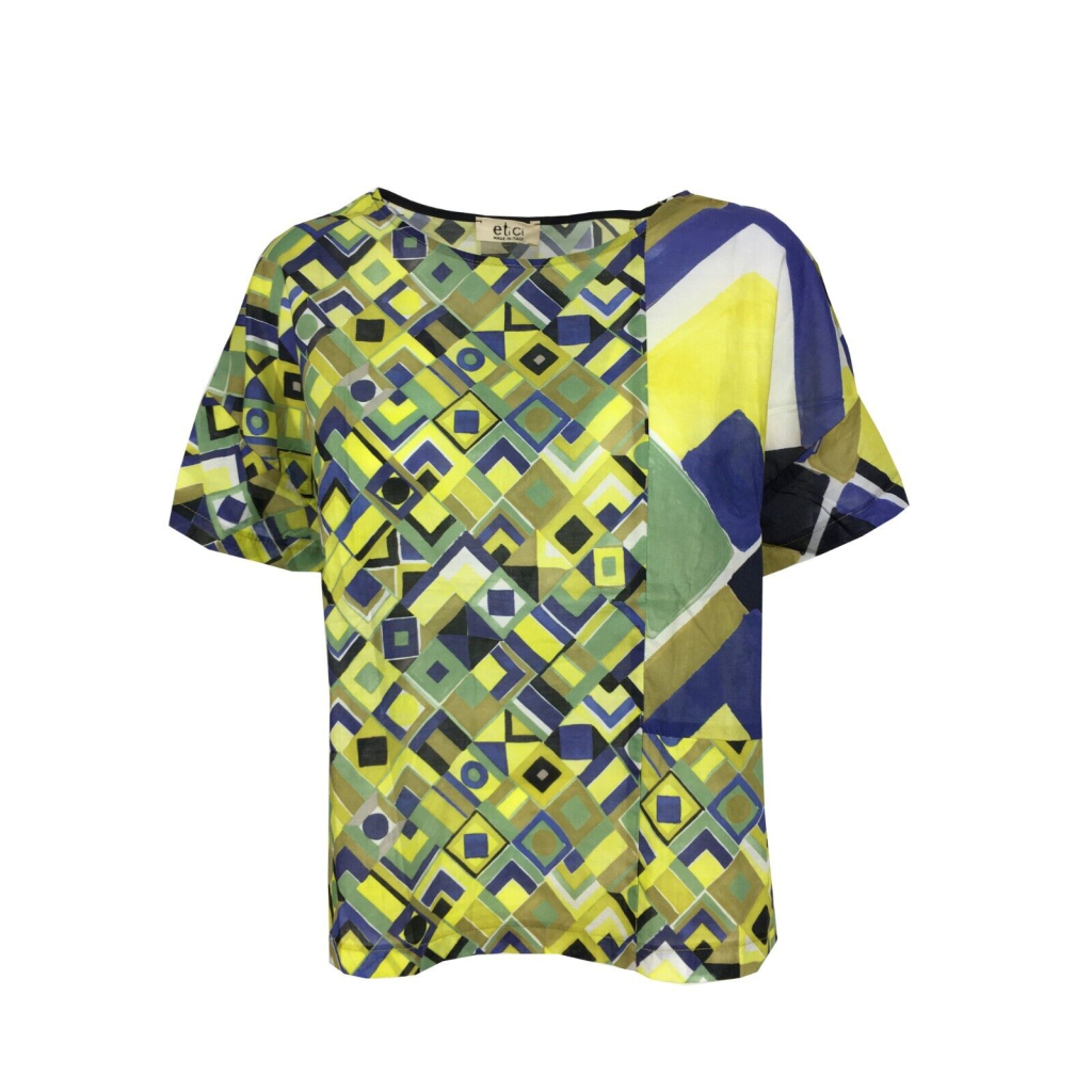 ETICI blusa donna mezza manica fantasia bluette/giallo/verde E2/5768 100% cotone MADE IN ITALY