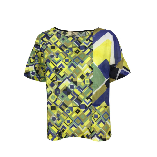 ETICI blouse woman half sleeve fantasy bluette / yellow / green E2 / 5768 100% cotton MADE IN ITALY