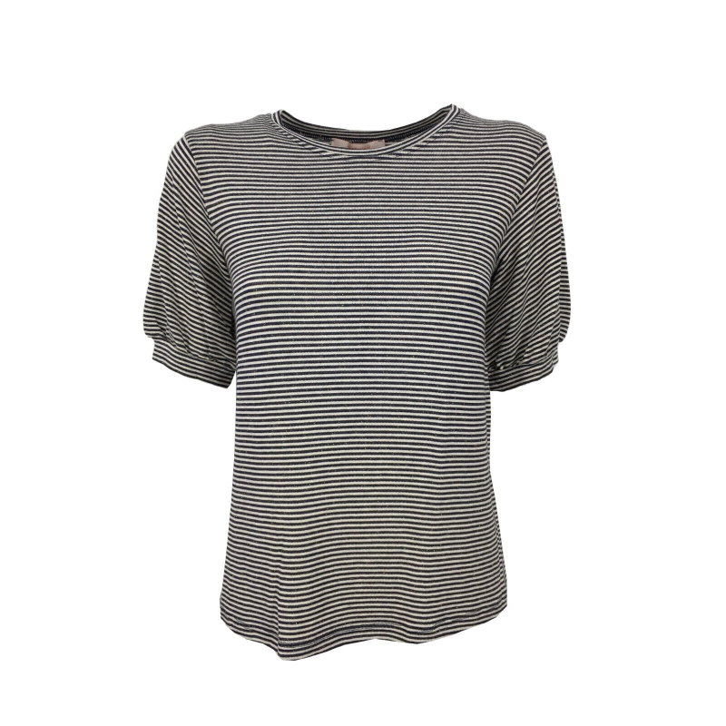 LA FEE MARABOUTEE crewneck t-shirt ecru / blue lurex lines FB7483 MADE IN ITALY