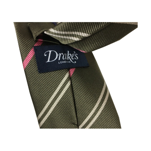 DRAKE'S LONDON man tie lined green / pink / ecru stripes cm 147x7 100% silk MADE IN ENGLAND