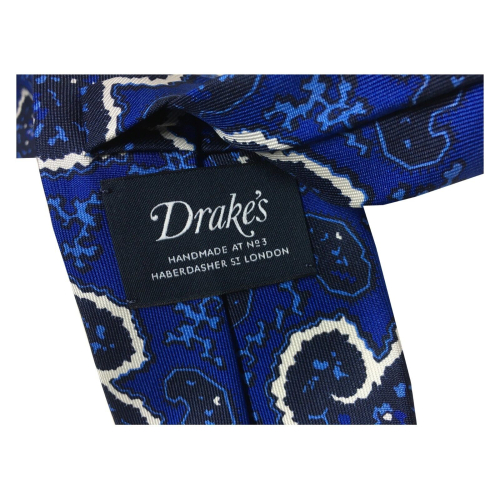 DRAKE'S LONDON men's tie lined with blue cashmere pattern cm 147x8 100% silk MADE IN ENGLAND