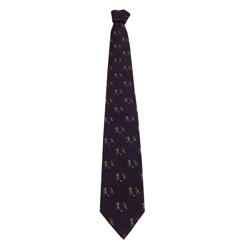 DRAKE'S LONDON men's tie lined with dark purple football players pattern 147x8 cm 100% silk MADE IN ENGLAND