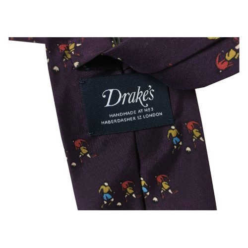 DRAKE'S LONDON men's tie lined with dark purple football players pattern 147x8 cm 100% silk MADE IN ENGLAND