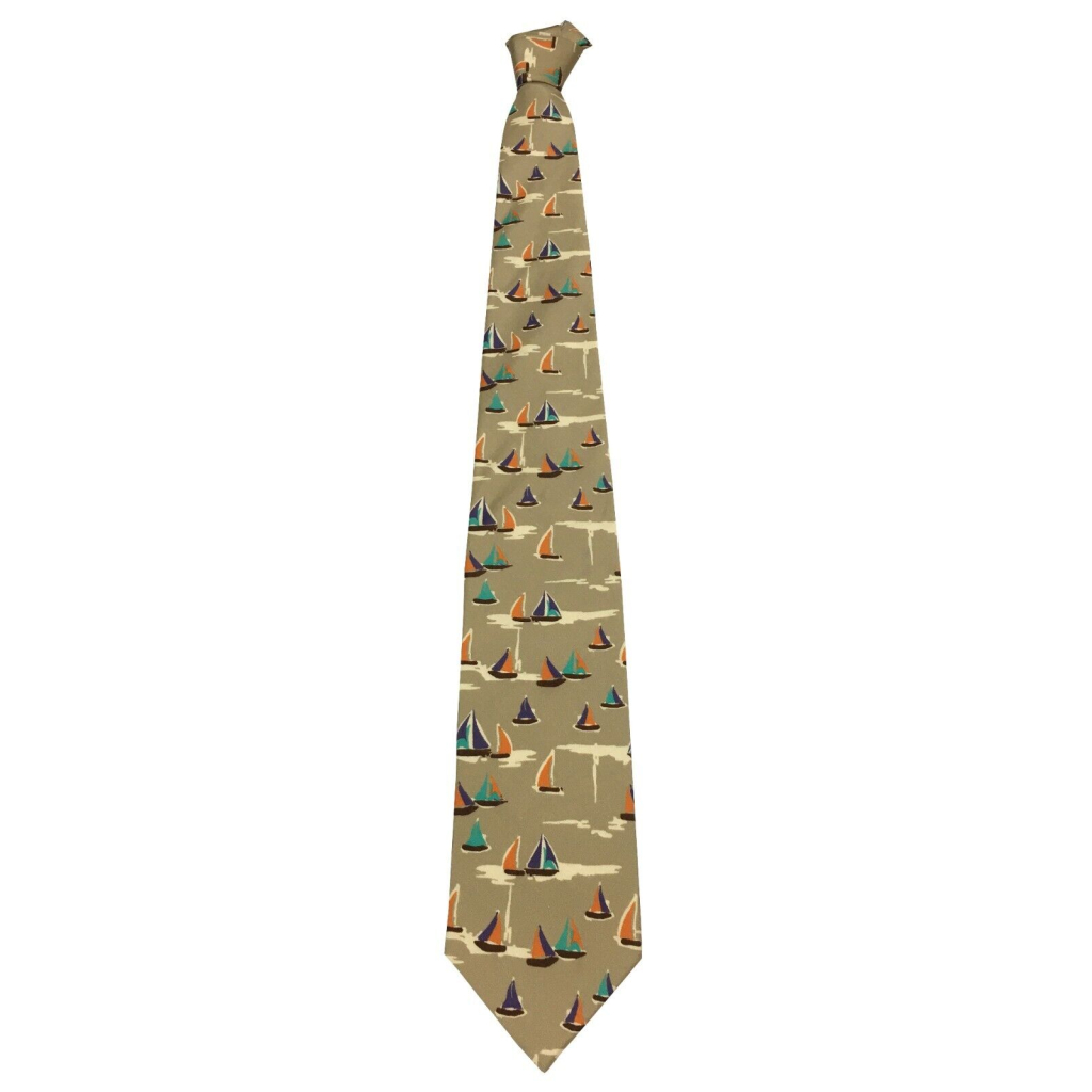 DRAKE'S LONDON men's tie lined with beige boat pattern 147x8 cm 100% silk MADE IN ENGLAND
