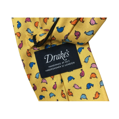 DRAKE'S LONDON men's tie lined with yellow fish pattern 147x8 cm 100% silk MADE IN ENGLAND