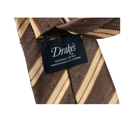 DRAKE'S LONDON men's tie lined with brown / beige / leather stripes cm 147x8 100% silk MADE IN ENGLAND