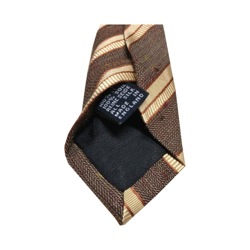 DRAKE'S LONDON men's tie lined with brown / beige / leather stripes cm 147x8 100% silk MADE IN ENGLAND