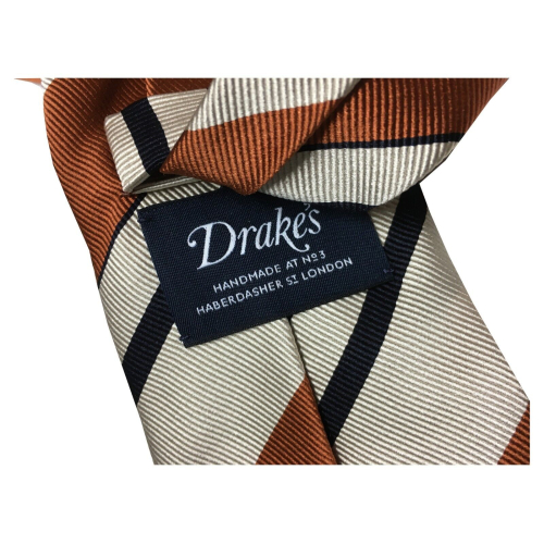 DRAKE'S LONDON men's tie lined ecru / leather / black stripes cm 147x8 100% silk MADE IN ENGLAND