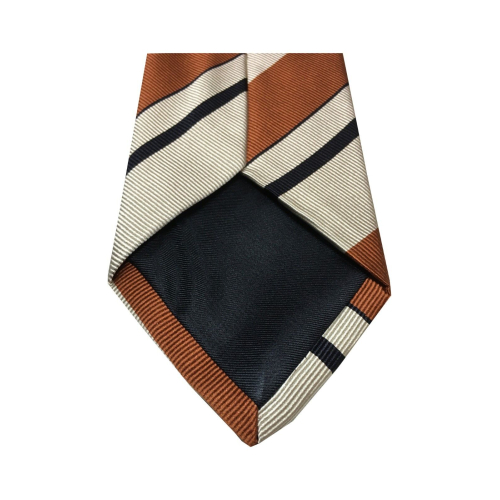 DRAKE'S LONDON men's tie lined ecru / leather / black stripes cm 147x8 100% silk MADE IN ENGLAND