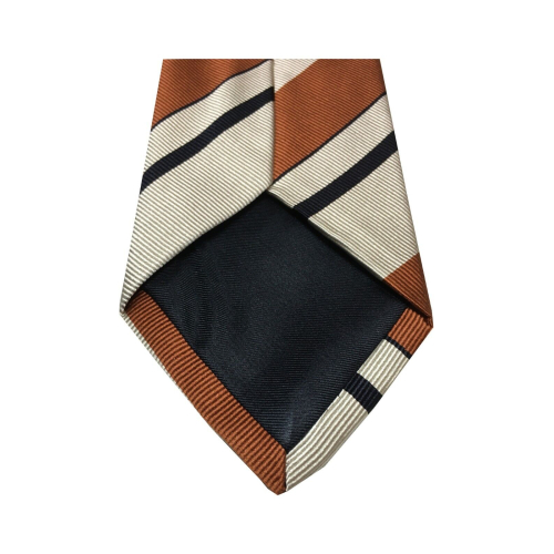 DRAKE'S LONDON men's tie lined ecru / leather / black stripes cm 147x8 100% silk MADE IN ENGLAND