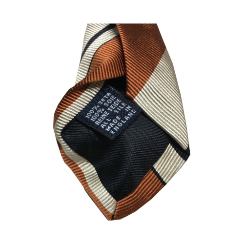 DRAKE’S LONDON cravatta uomo foderata righe ecru/cuoio/nero cm 147x8 100% seta MADE IN ENGLAND