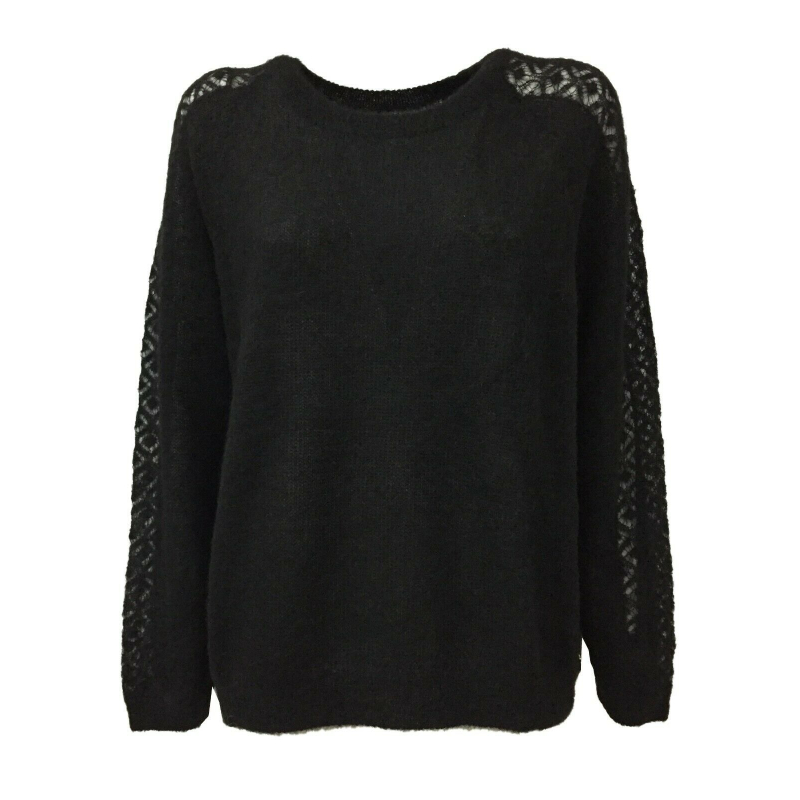 DES PETITS HAUTS woman black crewneck long sleeve shirt with inlay on the sleeve