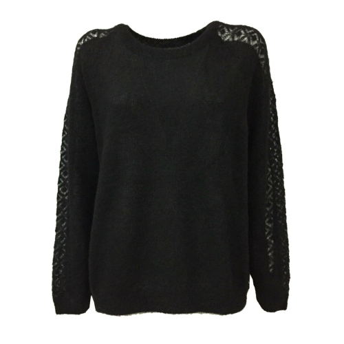 DES PETITS HAUTS woman black crewneck long sleeve shirt with inlay on the sleeve