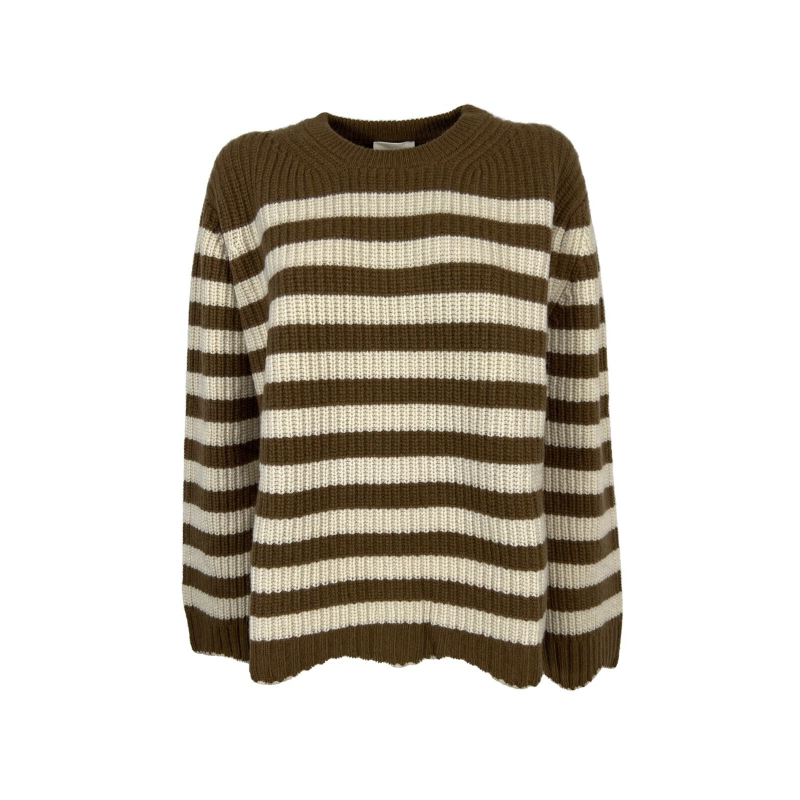SEMICOUTURE maglia donna punto pannocchia righe ecru/cuoio over Y2WB24 PEGGY MADE IN ITALY