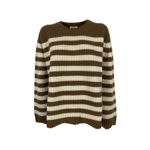 SEMICOUTURE maglia donna punto pannocchia righe ecru/cuoio over Y2WB24 PEGGY MADE IN ITALY