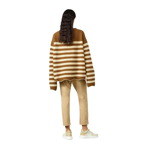 SEMICOUTURE maglia donna punto pannocchia righe ecru/cuoio over Y2WB24 PEGGY MADE IN ITALY