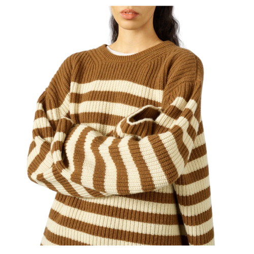 SEMICOUTURE maglia donna punto pannocchia righe ecru/cuoio over Y2WB24 PEGGY MADE IN ITALY