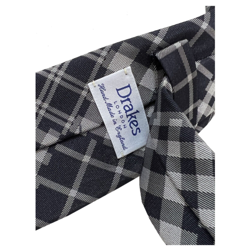 DRAKE’S LONDON cravatta uomo foderata blu fantasia patchwork quadri 100% seta MADE IN ENGLAND