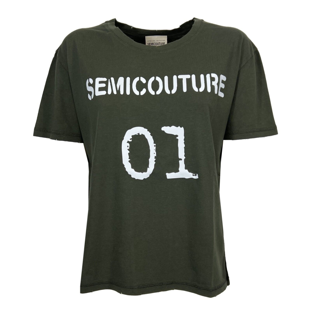 SEMICOUTURE t-shirt donna mezza manica militare con rotture CNTJ01 BETTINA 100% cotone