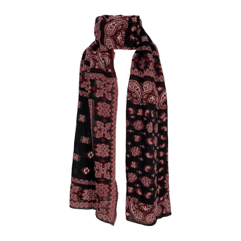 MATI black scarf with red cashmere pattern art ONEGA MADE IN ITALY