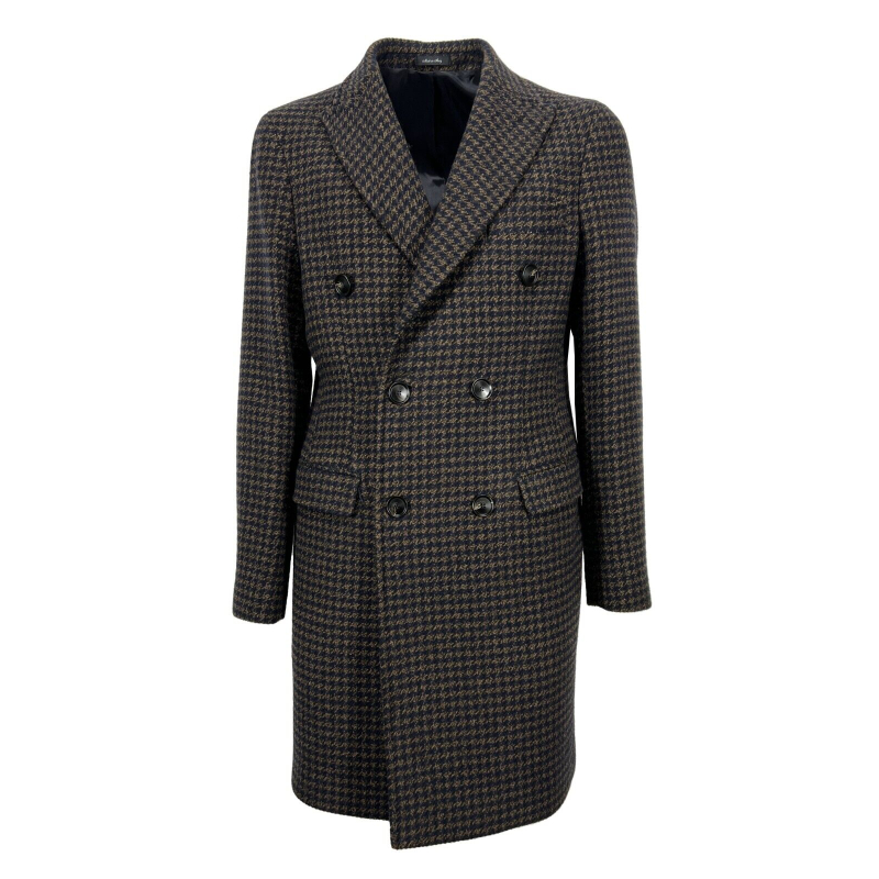 FABIO BALDAN men's brown/blue foot de poule double-breasted coat 221202NA2085 MADE IN ITALY