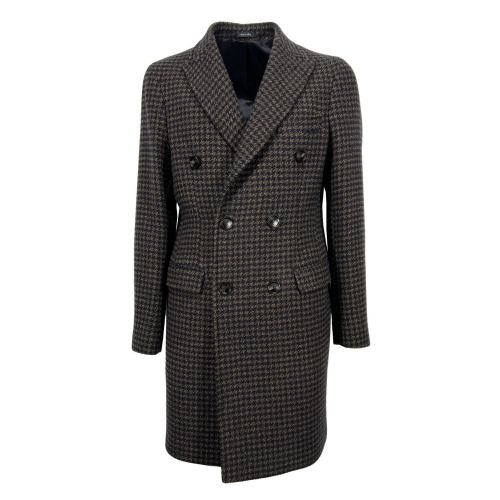 FABIO BALDAN men's brown/blue foot de poule double-breasted coat 221202NA2085 MADE IN ITALY