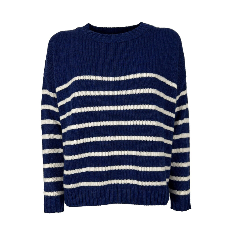 LA FEE MARABOUTEE women's light blue crew-neck sweater with cream stripes FE-PU-RAHORS MADE IN ITALY