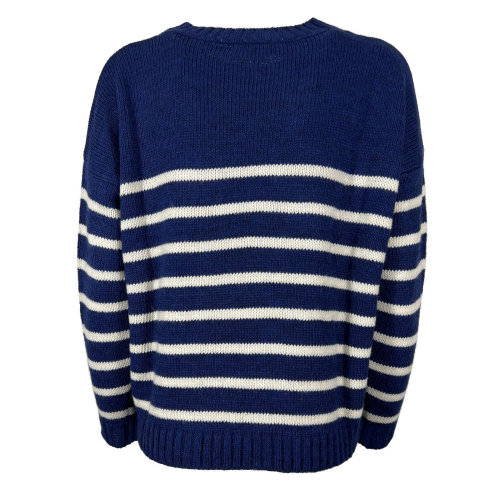 LA FEE MARABOUTEE women's light blue crew-neck sweater with cream stripes FE-PU-RAHORS MADE IN ITALY