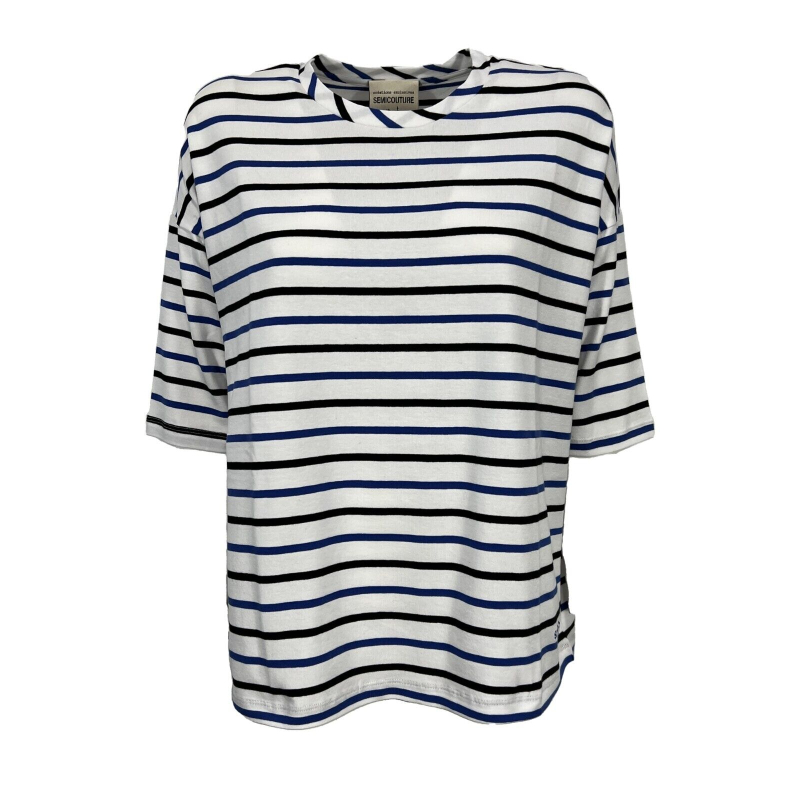 SEMICOUTURE striped women's t-shirt white/black/light blue Y3SJ23 BESSIE MADE IN ITALY