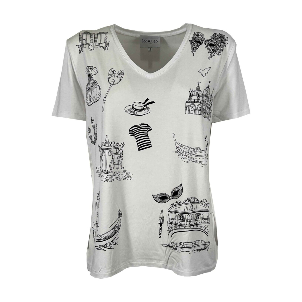 LEO & UGO women's white t-shirt with black print and applications TED517