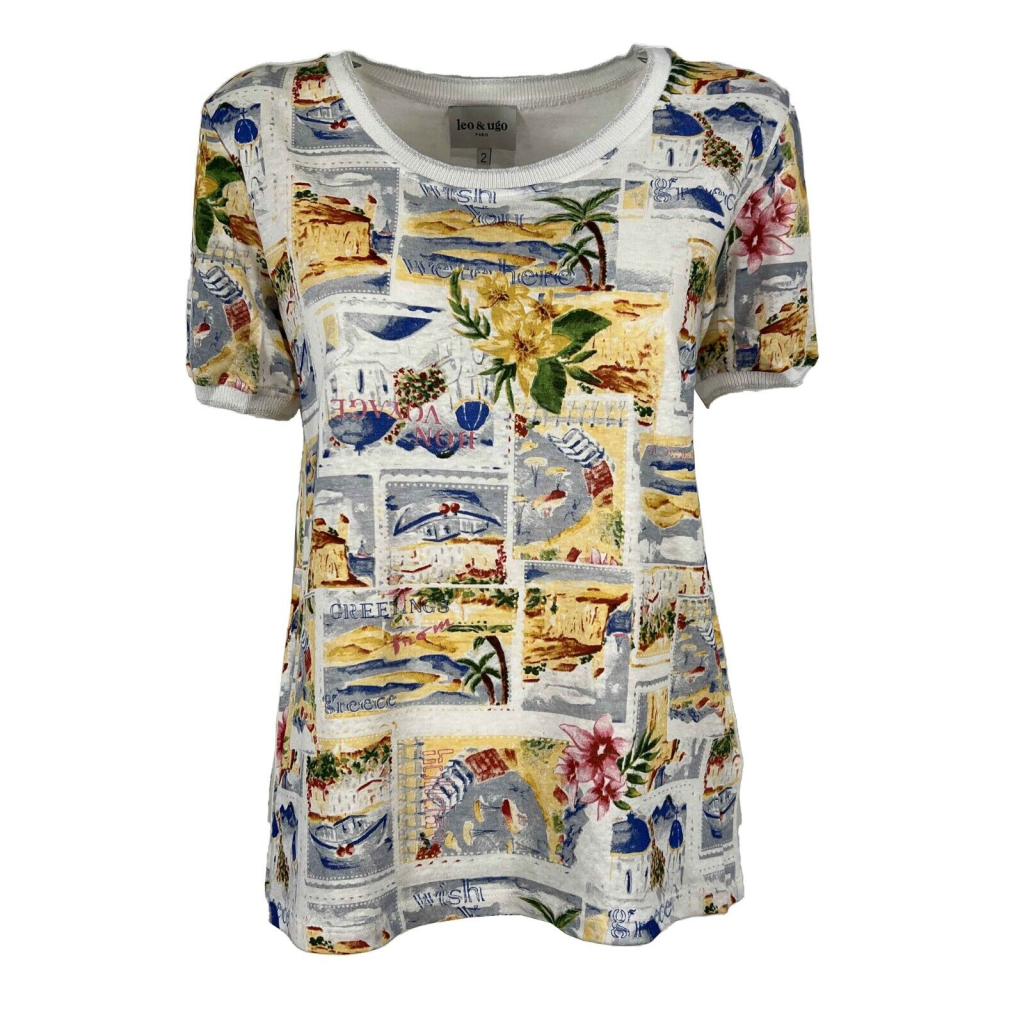 LEO & UGO t-shirt donna bianca stampa multicolor TED536 55% lino 45% cotone