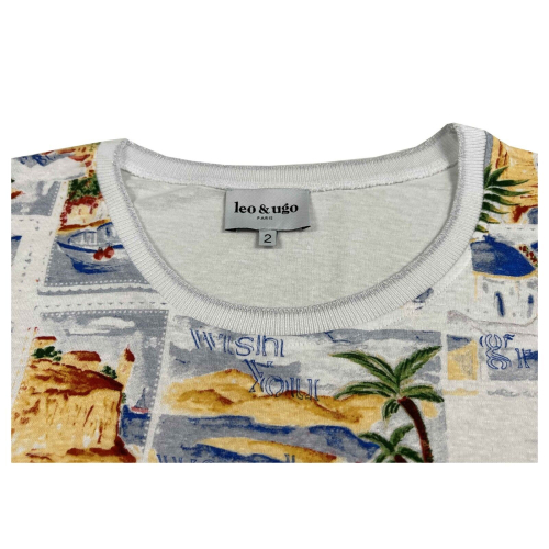 LEO & UGO white women's t-shirt with multicolor print TED536 55% linen 45% cotton