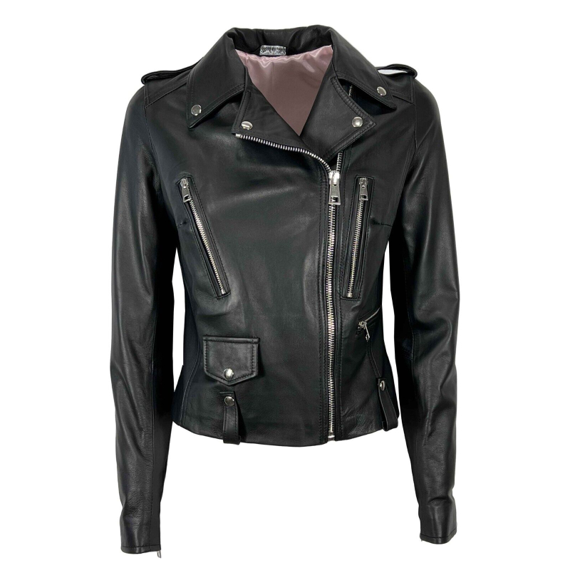 SOMETHING SPECIAL COLLECTION black leather jacket pink lining KIODO MADE IN ITALY
