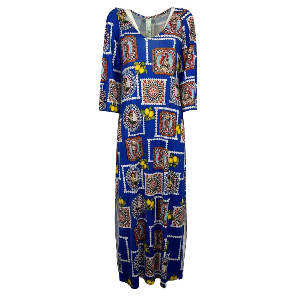 IL THE DELLE 5 women's long patterned dress MAJOLIC BLUE SPACE 14ST MADE IN ITALY