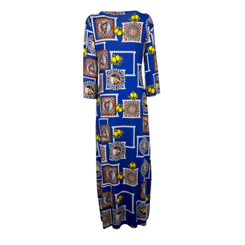 IL THE DELLE 5 women's long patterned dress MAJOLIC BLUE SPACE 14ST MADE IN ITALY