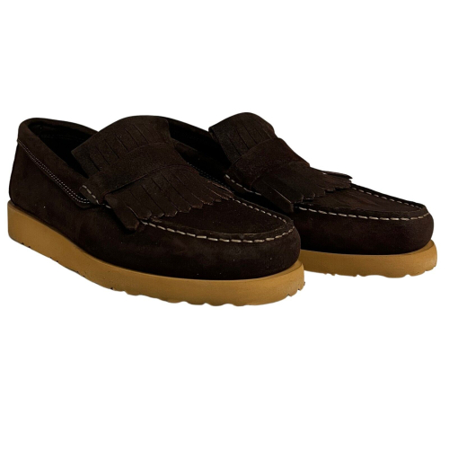 ICON LAB Men's shoe 2100 slip on with fringe 100% greased suede burnt color MADE IN ITALY