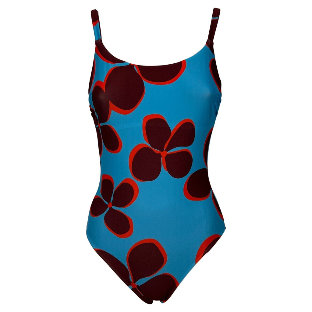JUSTMINE one-piece swimsuit: turquoise/red/plum patterned reversible | A706J 8023 | Made in Italy