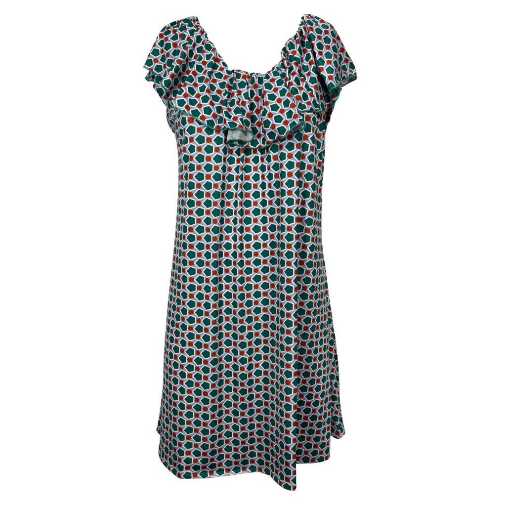 Abito donna elasticizzato JUSTMINE scollo con volant fantasia emerald/orange/lila E2746 8022 Made in Italy