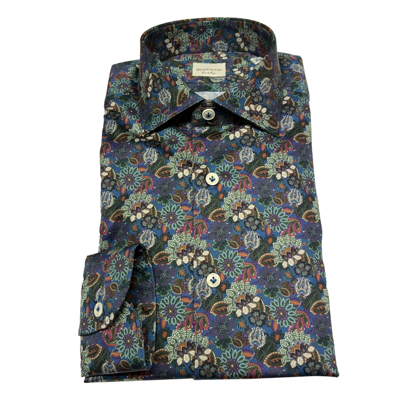 Camicia floreale blu chiaro multicolor BRANCACCIO linea FUNKY 97% cotone 3% elastan GG00Y0 GOLD GIO’ GDY0701 MADE IN ITALY