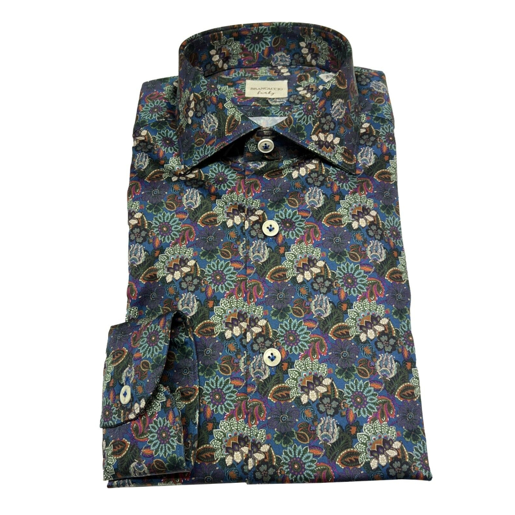 Multicolor light blue floral shirt BRANCACCIO FUNKY line 97% cotton 3% elastane GG00Y0 GOLD GIO' GDY0701 MADE IN ITALY