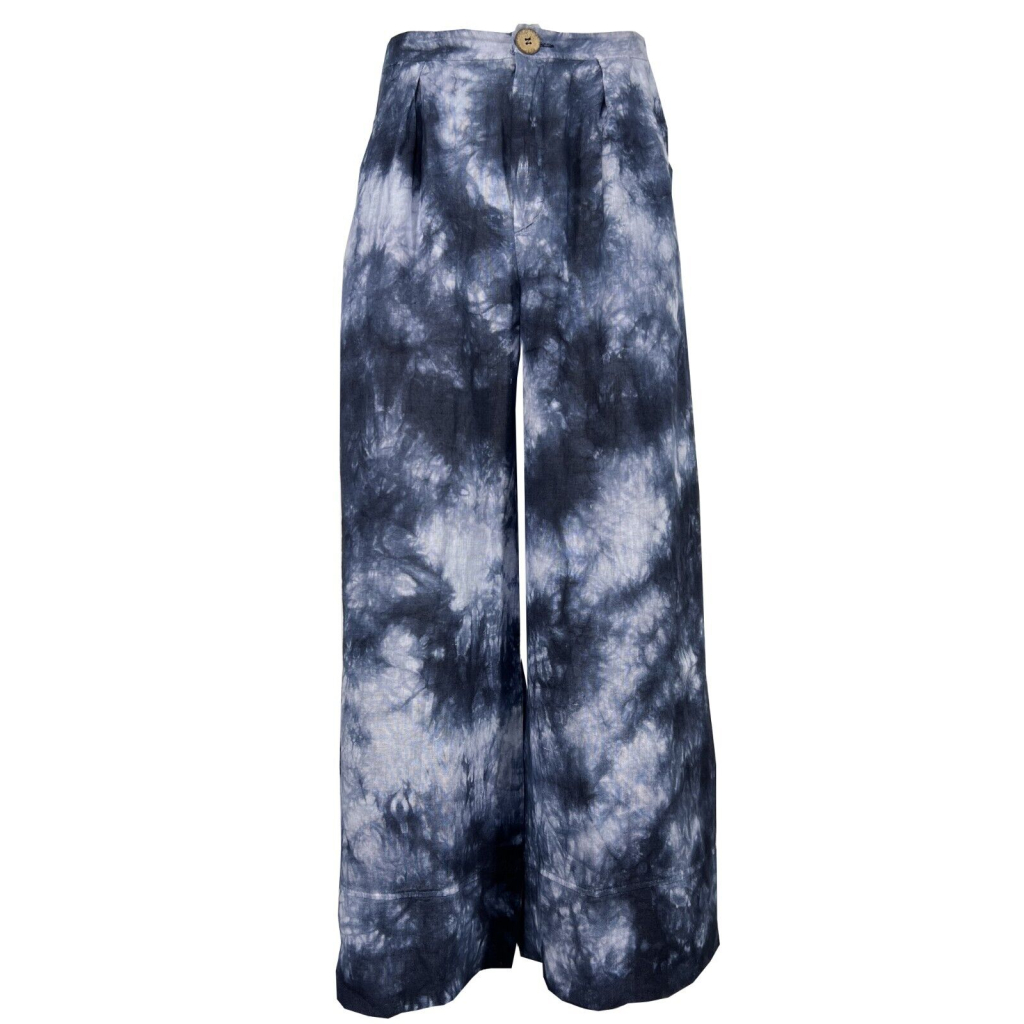 HUMILITY 1949 pantalone donna palazzo blu tye and dye HA-PA-HELMI 100% lino MADE IN ITALY