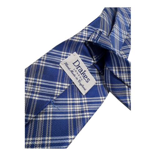 DRAKE'S LONDON men's lined tie cm 8 light blue/white madras 100% silk MADE IN LONDON