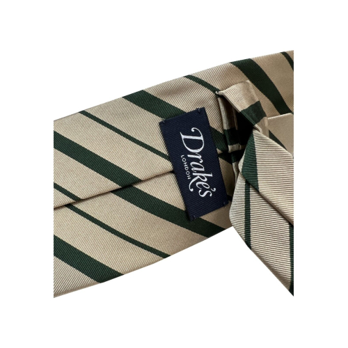 DRAKE'S LONDON men's lined tie beige/green striped 100% silk cm 147x8 MADE IN ENGLAND