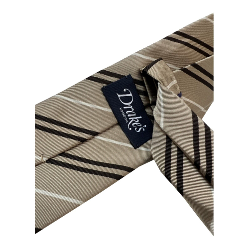 DRAKE'S LONDON men's lined tie with beige/brown/white small stripes 147x7 cm MADE IN ENGLAND
