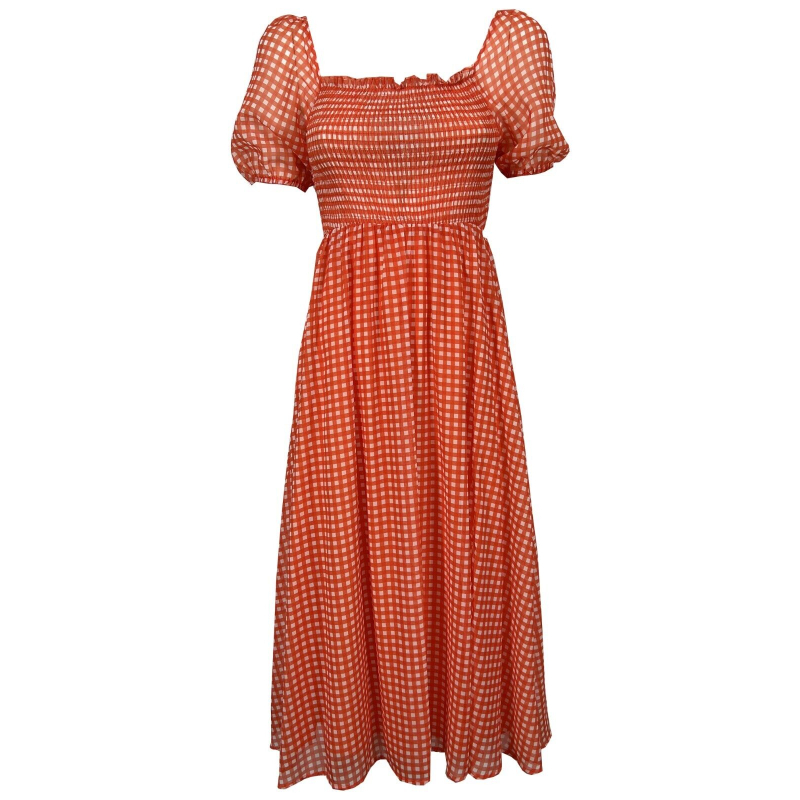 MD'M women's orange white checked dress 6.75.436.24 100% polyester