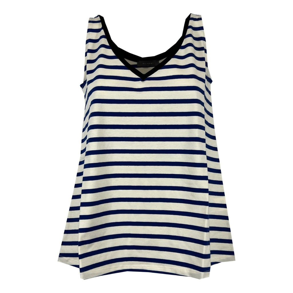 NEIRAMI women's flared tank top ecru/bluette stripes black edge B73MY 96% cotton 4% elastane MADE IN ITALY